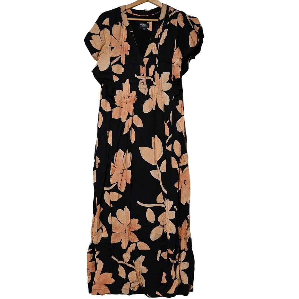 Maeve Anthropologie Maxi Dress Womens Floral Flutter Sleeve L Black Peach